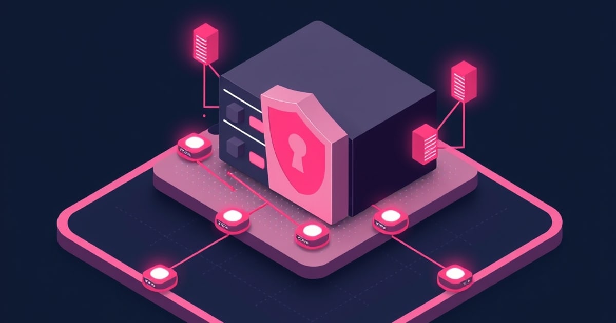 Flat isometric illustration of a firewall appliance bearing a keyhole shield, linked to small server towers and routed device nodes on a dark platform.