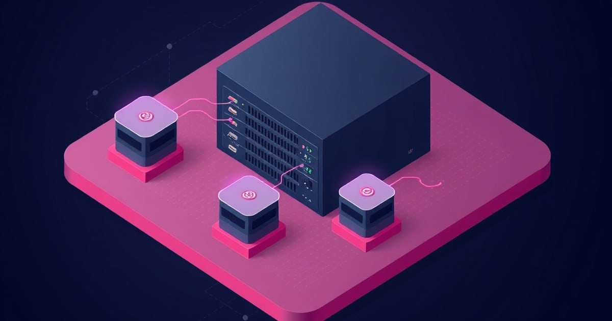 Isometric dark server chassis on a pink platform wired to three small glowing router nodes, suggesting inbound traffic spread across multiple WAN links