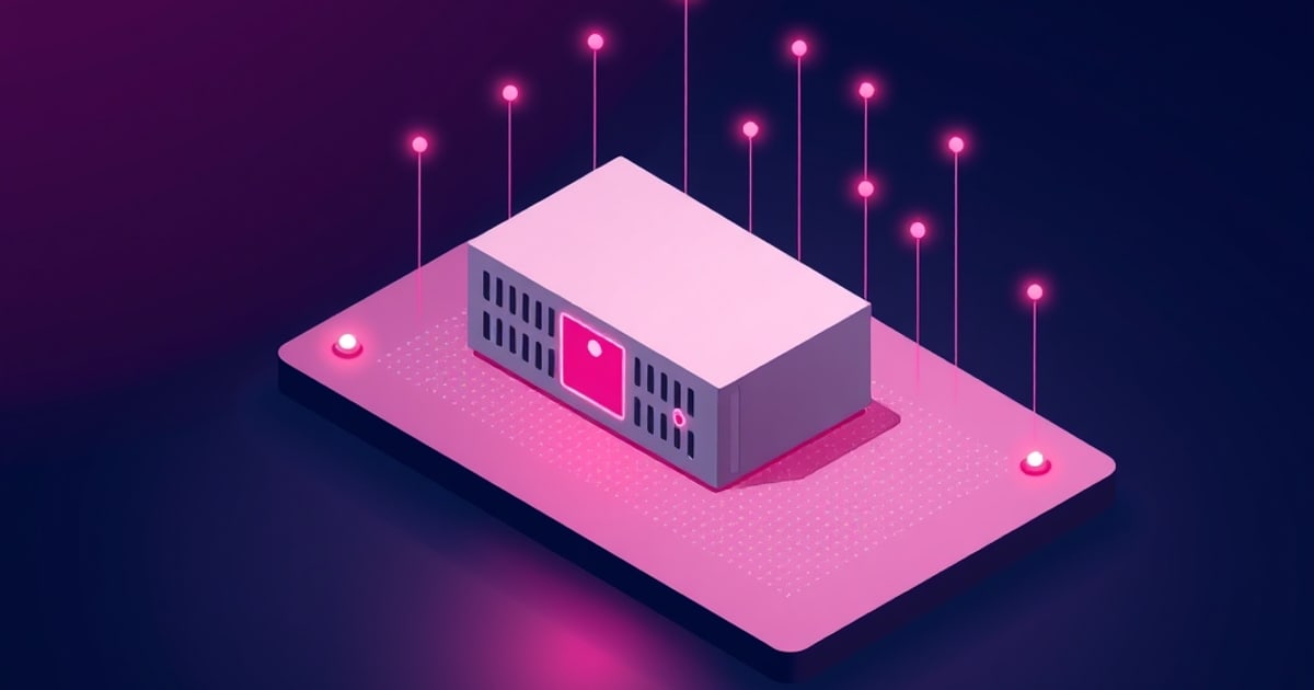 Flat isometric illustration of a pale vented firewall appliance on a lit pink pad, with glowing pin markers rising above it.