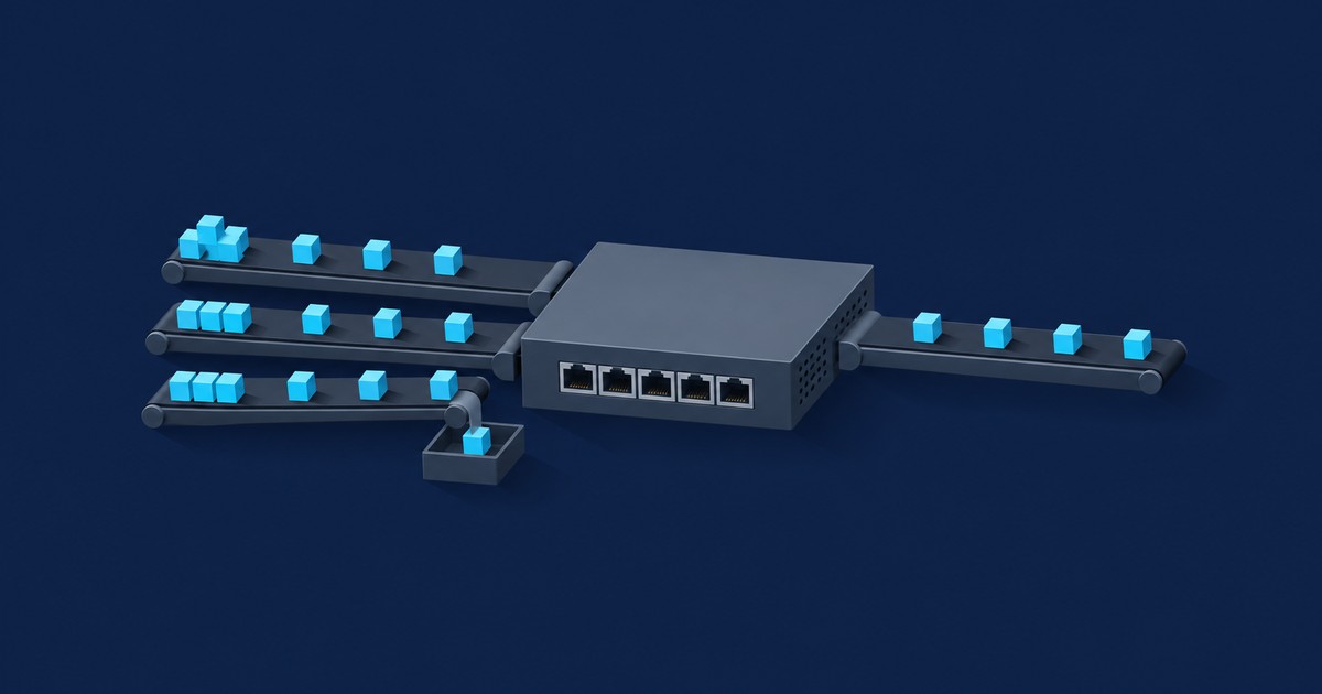 Three conveyor belts carry blue packet cubes into a gray five-port router, with one cube dropped into a bin, depicting queue management and traffic shaping.