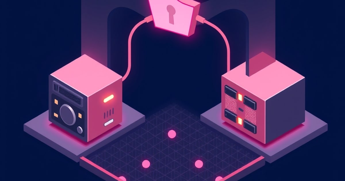 Flat isometric illustration of two pink server cubes on pads joined by glowing cables to a padlock overhead, on a dark grid floor.