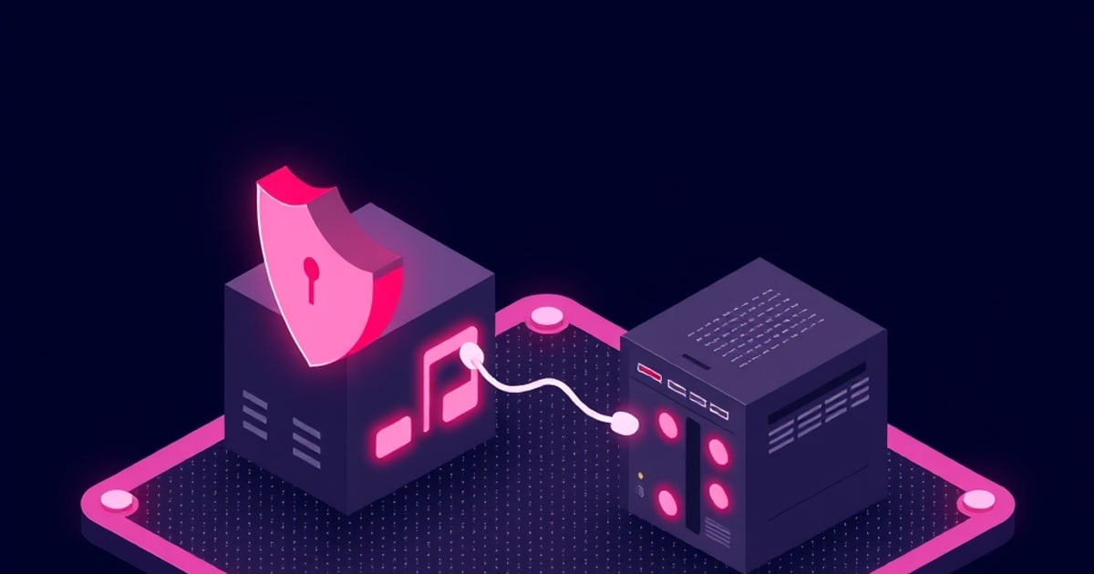 Flat isometric illustration of a dark cube topped by a pink keyhole shield, a curved cable linking it to a second server cube on a pink-edged pad.