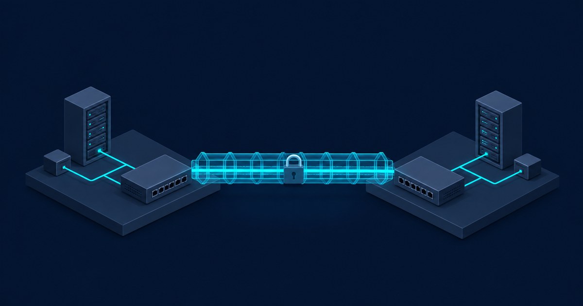Isometric network sites with servers and switches linked by a glowing cyan encrypted tunnel and central padlock on a dark blue background.